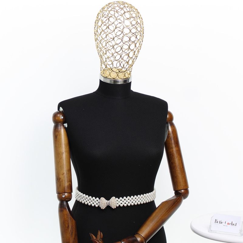 Fashion, accesorii si bijuterii - Femei - Accesorii femei - Curele femei - Curea elastica, Buticcochet, perle din plastic, 70 x 3 cm, Fundita cu perle si strasuri, Auriu - CRDD267 - Infinity.ro