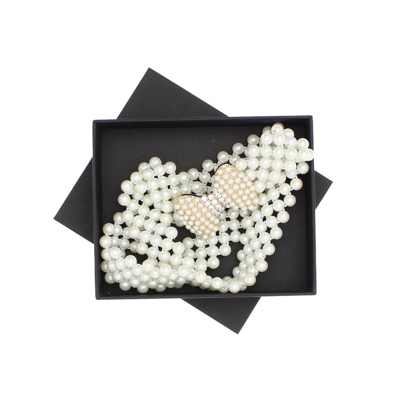 Fashion, accesorii si bijuterii - Femei - Accesorii femei - Curele femei - Curea elastica, Buticcochet, perle din plastic, 70 x 3 cm, Fundita cu perle si strasuri, Auriu - CRDD267 - Infinity.ro
