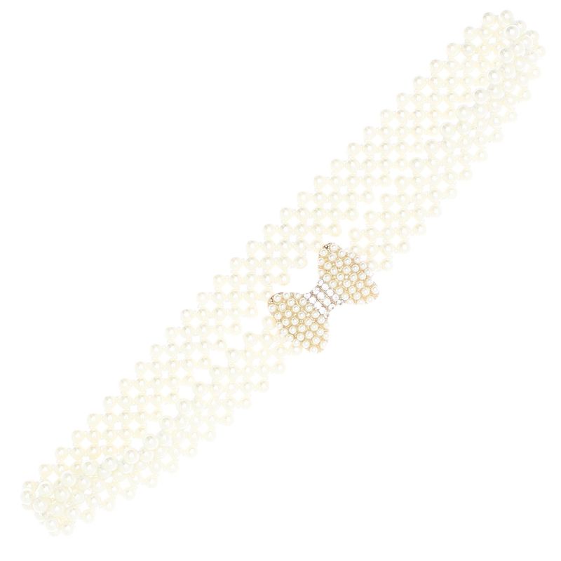 Fashion, accesorii si bijuterii - Femei - Accesorii femei - Curele femei - Curea elastica, Buticcochet, perle din plastic, 70 x 3 cm, Fundita cu perle si strasuri, Auriu - CRDD267 - Infinity.ro