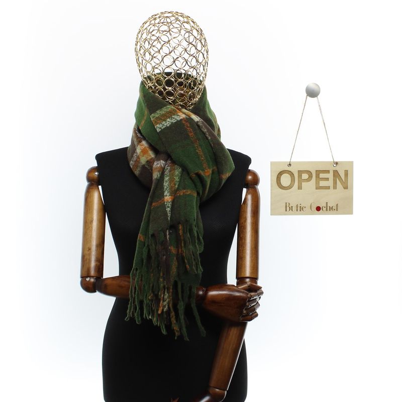 Fashion, accesorii si bijuterii - Femei - Accesorii femei - Esarfe si fulare femei - Esarfa dama, casmir, 60x180 cm, Buticcochet, imprimeu cu patratele, Verde - ES2505 - Infinity.ro