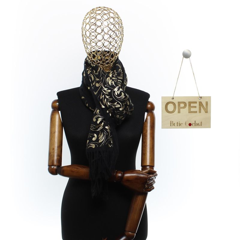 Fashion, accesorii si bijuterii - Femei - Accesorii femei - Esarfe si fulare femei - Esarfa dama, casmir, 70x180 cm, Buticcochet, imprimeu stilizat, Negru - ES2512 - Infinity.ro