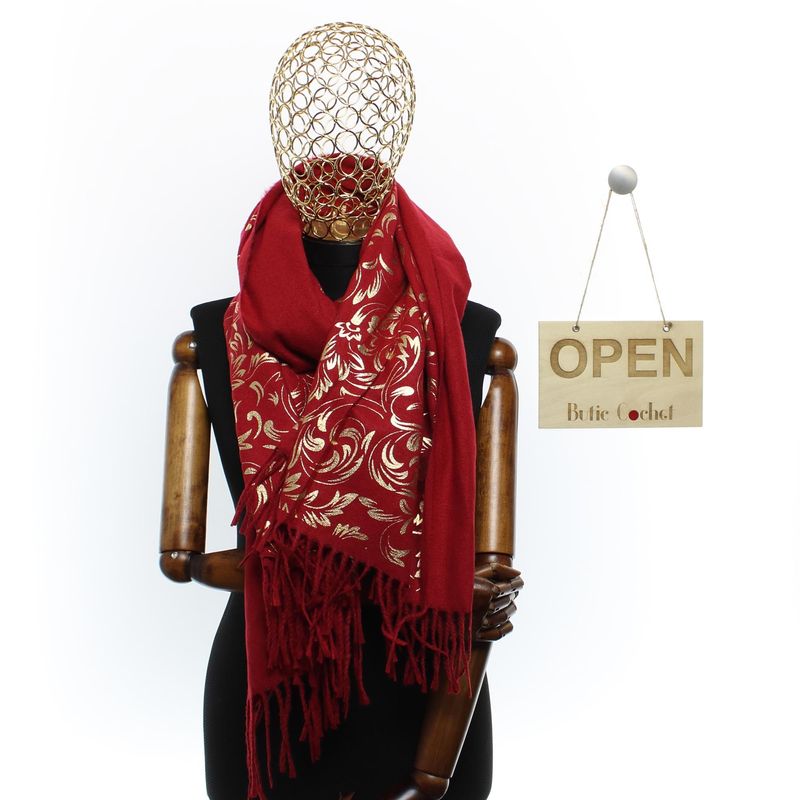 Fashion, accesorii si bijuterii - Femei - Accesorii femei - Esarfe si fulare femei - Esarfa dama, casmir, 70x180 cm, Buticcochet, imprimeu stilizat, Visiniu - ES2517 - Infinity.ro