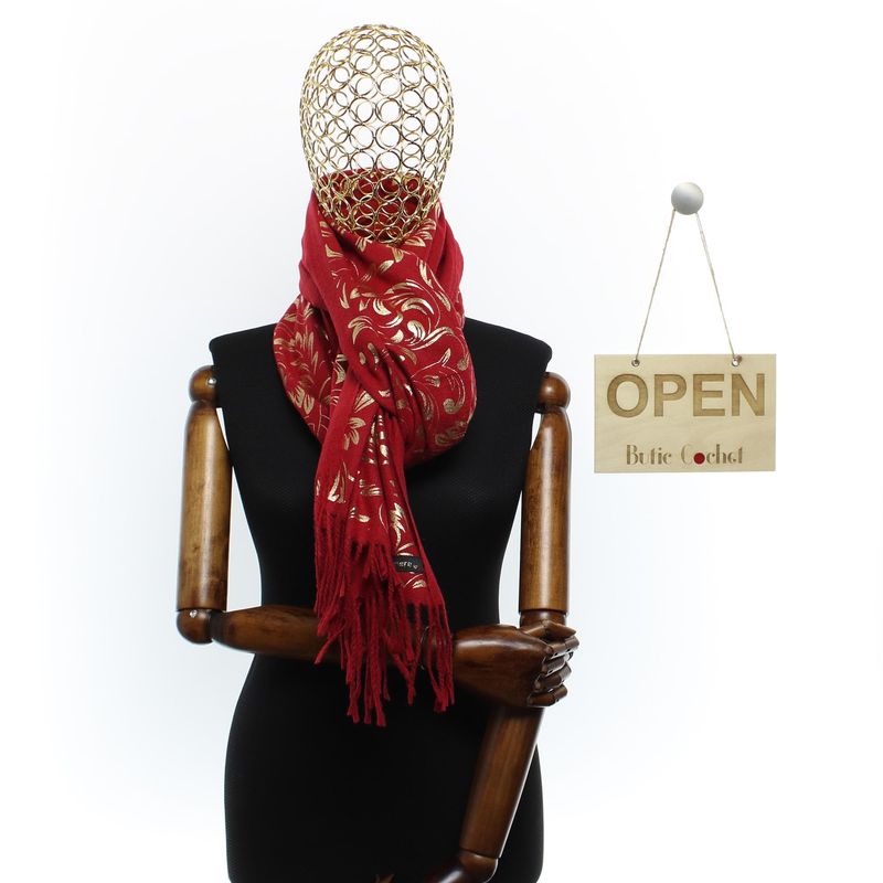 Fashion, accesorii si bijuterii - Femei - Accesorii femei - Esarfe si fulare femei - Esarfa dama, casmir, 70x180 cm, Buticcochet, imprimeu stilizat, Visiniu - ES2517 - Infinity.ro