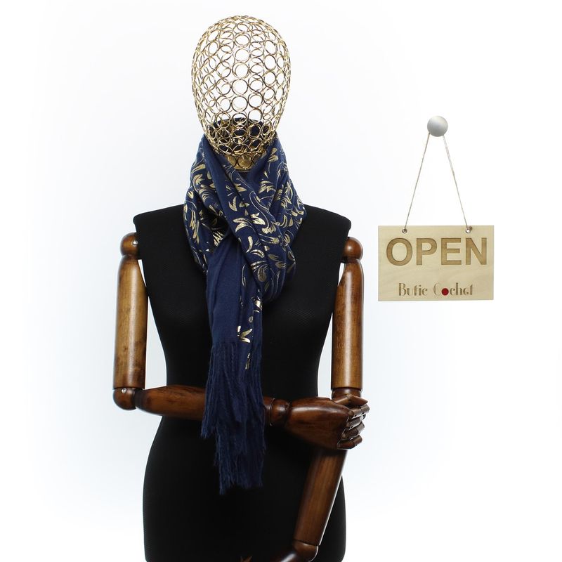 Fashion, accesorii si bijuterii - Femei - Accesorii femei - Esarfe si fulare femei - Esarfa dama, casmir, 70x180 cm, Buticcochet, imprimeu stilizat, Bleumarin - ES2518 - Infinity.ro
