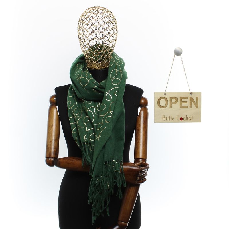 Fashion, accesorii si bijuterii - Femei - Accesorii femei - Esarfe si fulare femei - Esarfa dama, casmir, 70x180 cm, Buticcochet, imprimeu liniar auriu, Verde - ES2525 - Infinity.ro