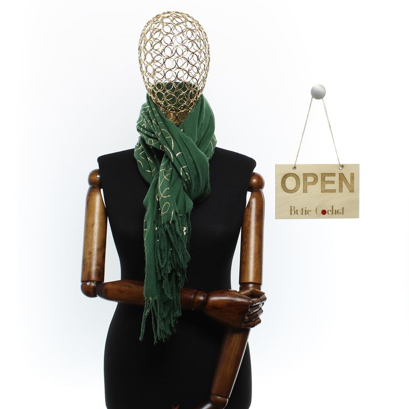 Fashion, accesorii si bijuterii - Femei - Accesorii femei - Esarfe si fulare femei - Esarfa dama, casmir, 70x180 cm, Buticcochet, imprimeu liniar auriu, Verde - ES2525 - Infinity.ro
