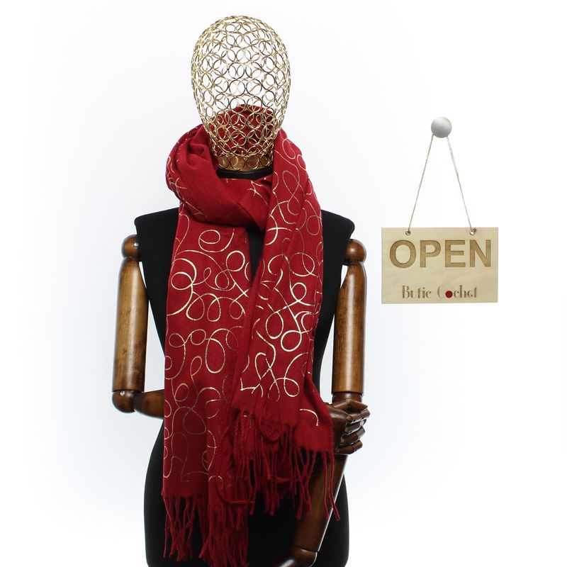 Fashion, accesorii si bijuterii - Femei - Accesorii femei - Esarfe si fulare femei - Esarfa dama, casmir, 70x180 cm, Buticcochet, imprimeu liniar auriu, Visiniu - ES2531 - Infinity.ro