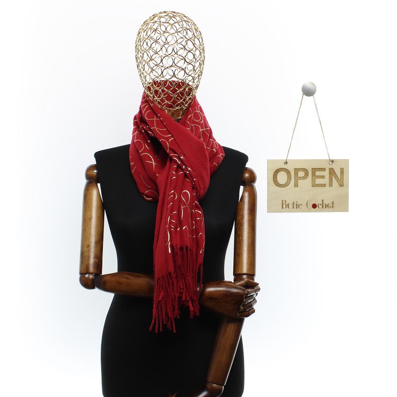 Fashion, accesorii si bijuterii - Femei - Accesorii femei - Esarfe si fulare femei - Esarfa dama, casmir, 70x180 cm, Buticcochet, imprimeu liniar auriu, Visiniu - ES2531 - Infinity.ro