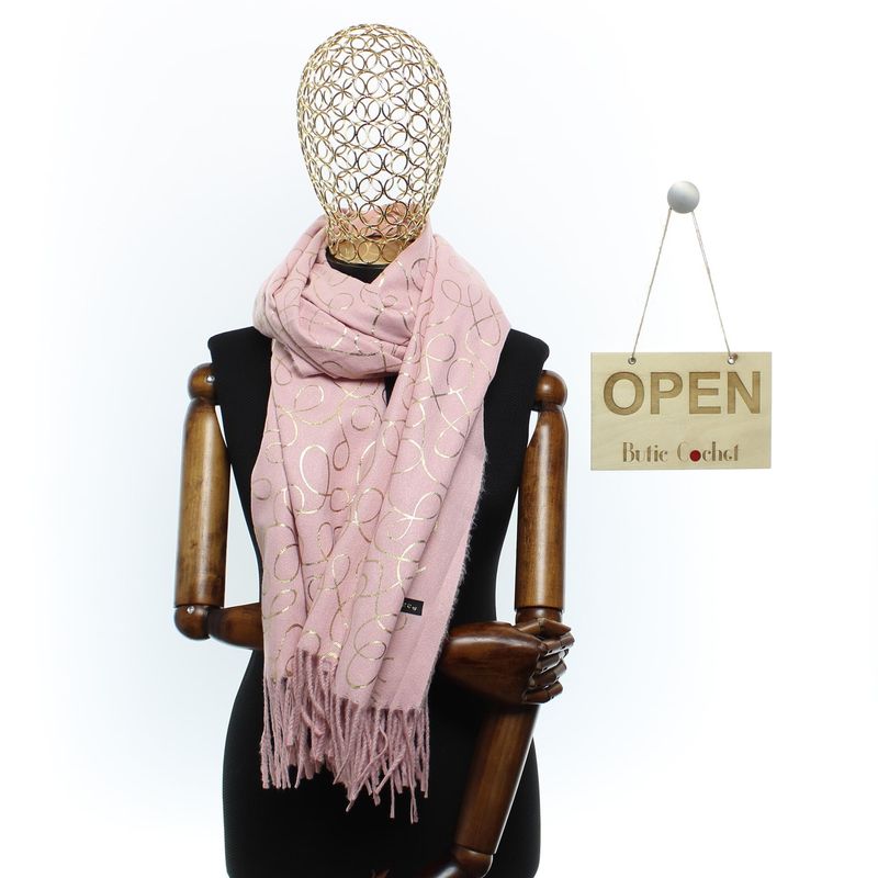 Fashion, accesorii si bijuterii - Femei - Accesorii femei - Esarfe si fulare femei - Esarfa dama, casmir, 70x180 cm, Buticcochet, imprimeu liniar auriu, Roz - ES2532 - Infinity.ro