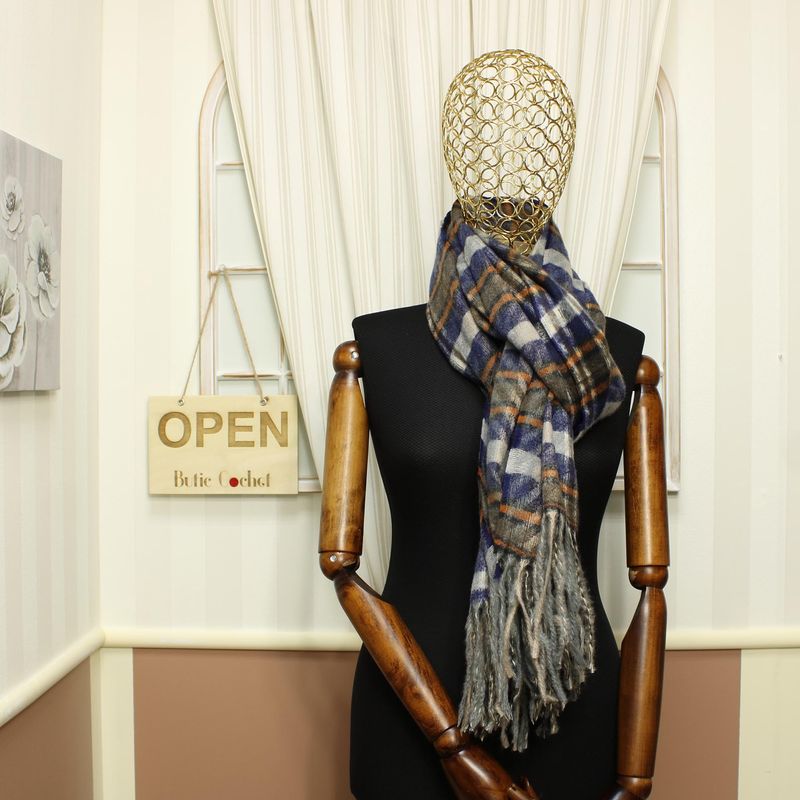 Fashion, accesorii si bijuterii - Femei - Accesorii femei - Esarfe si fulare femei - Esarfa de dama, ButicCochet, din casmir, cu franjuri, 190 x 70 cm, model carouri, Bleumarin - ES1476 - Infinity.ro
