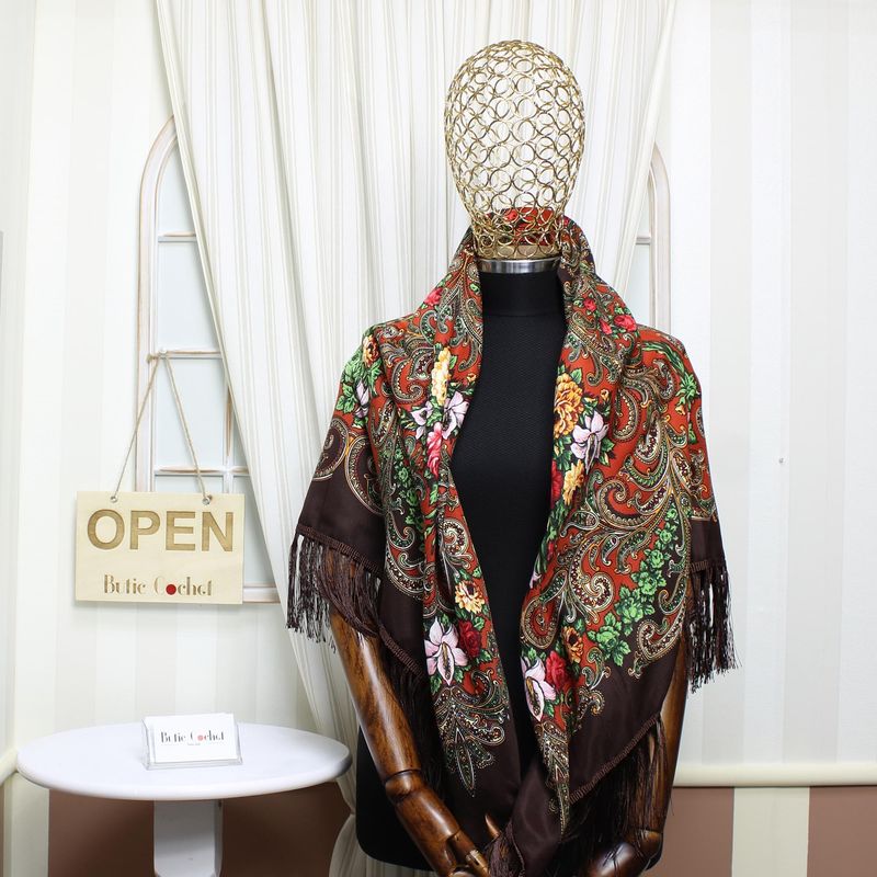 Fashion, accesorii si bijuterii - Femei - Accesorii femei - Esarfe si fulare femei - Sal de dama, Buticcochet, Viscoza, cu imprimeu floral, 108x108 cm, Maro - ES1834 - Infinity.ro