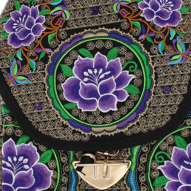 Fashion, accesorii si bijuterii - Femei - Accesorii femei - Genti si rucsacuri femei - Rucsac dama, din material textil, 35x26x13 cm, Negru cu flori brodate mov - RUC238 - Infinity.ro