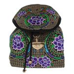 Fashion, accesorii si bijuterii - Femei - Accesorii femei - Genti si rucsacuri femei - Rucsac dama, din material textil, 35x26x13 cm, Negru cu flori brodate mov - RUC238 - Infinity.ro