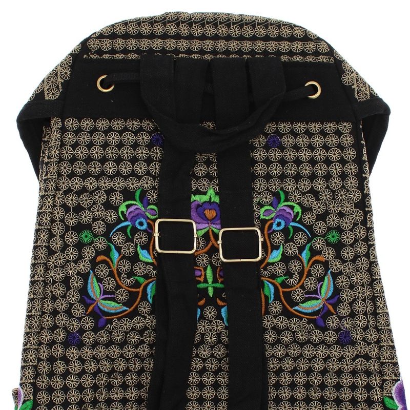 Fashion, accesorii si bijuterii - Femei - Accesorii femei - Genti si rucsacuri femei - Rucsac dama, din material textil, 35x26x13 cm, Negru cu flori brodate mov - RUC238 - Infinity.ro