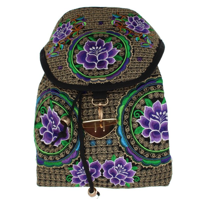 Fashion, accesorii si bijuterii - Femei - Accesorii femei - Genti si rucsacuri femei - Rucsac dama, din material textil, 35x26x13 cm, Negru cu flori brodate mov - RUC238 - Infinity.ro