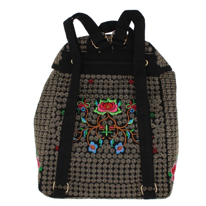 Fashion, accesorii si bijuterii - Femei - Accesorii femei - Genti si rucsacuri femei - Rucsac dama, din material textil, 35x26x13 cm, Negru cu flori brodate roz - RUC239 - Infinity.ro