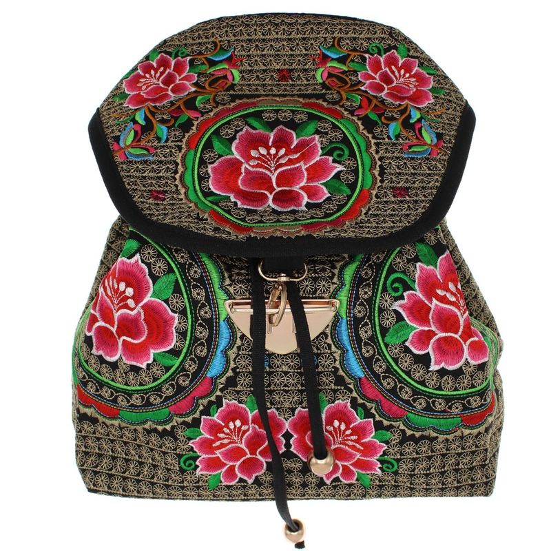 Fashion, accesorii si bijuterii - Femei - Accesorii femei - Genti si rucsacuri femei - Rucsac dama, din material textil, 35x26x13 cm, Negru cu flori brodate roz - RUC239 - Infinity.ro