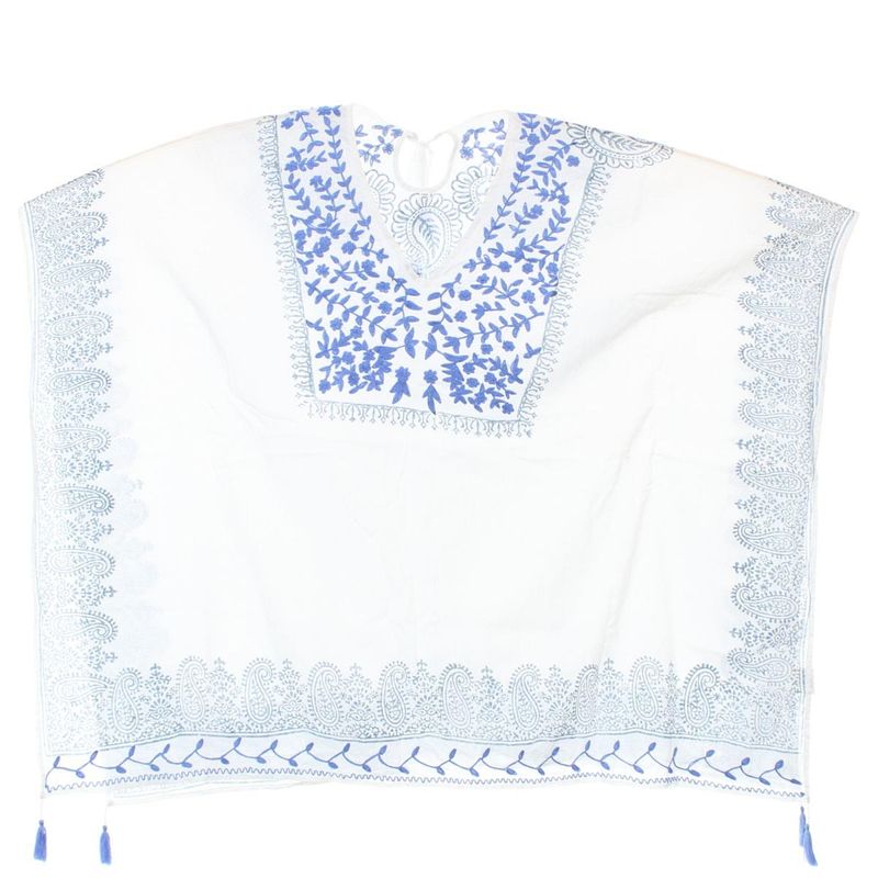 Fashion, accesorii si bijuterii - Femei - Lenjerie si pijamale femei - Imbracaminte de plaja femei - Pareo de plaja, dama, Alex.Max, din bumbac, one size, cu broderie, Alb cu albastru - PAREO201 - Infinity.ro