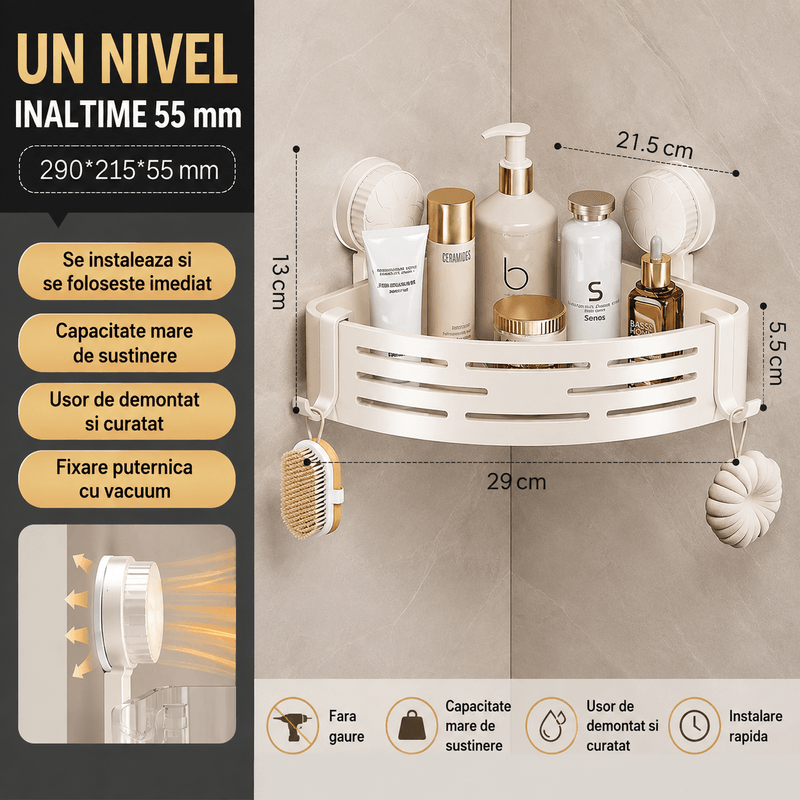 Casa si Gradina - Sanitare - Suporturi si accesorii baie - Suporturi baie - Suport colt baie/Bucatarie cu ventuze A ATAB, fara gaurire, 4 carlige, bara pentru prosop, aluminiu premium - Infinity.ro