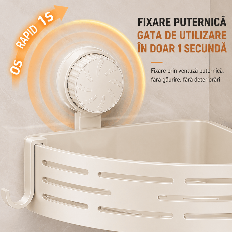 Casa si Gradina - Sanitare - Suporturi si accesorii baie - Suporturi baie - Suport colt baie/Bucatarie cu ventuze A ATAB, fara gaurire, 4 carlige, bara pentru prosop, aluminiu premium - Infinity.ro