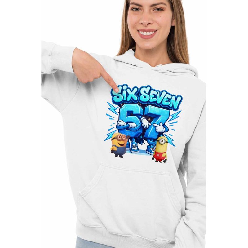 Fashion, accesorii si bijuterii - Femei - Imbracaminte femei - Hanorace femei - Hanorac Femei Minions 67 Six Seven Sase Sapte Despicable Steal Brainrot, alb, marime 2XL - Infinity.ro