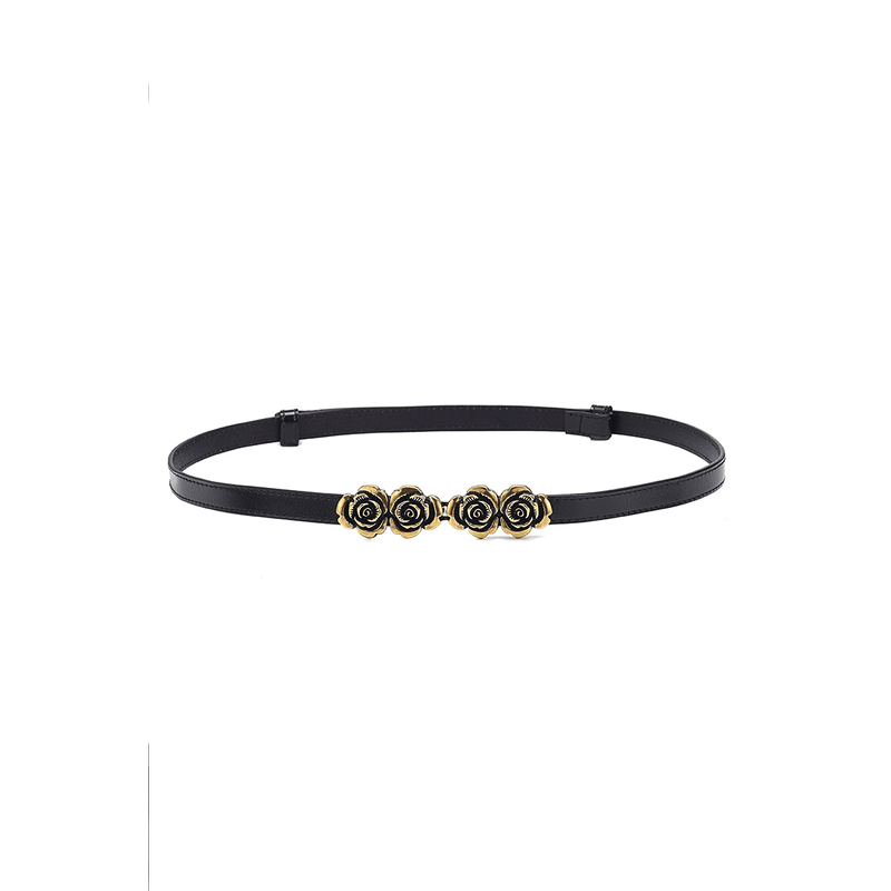Fashion, accesorii si bijuterii - Femei - Accesorii femei - Curele femei - Set 2 Curele Subtiri Dama din Piele Ecologica, cu Catarama Decorativa Florala Aurie, Alb si Negru, 100 cm - Infinity.ro