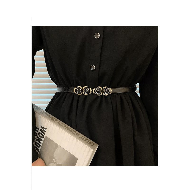 Fashion, accesorii si bijuterii - Femei - Accesorii femei - Curele femei - Curea Subtire Dama din Piele Ecologica, cu Catarama Decorativa Florala Aurie, Neagra, 100 cm - Infinity.ro