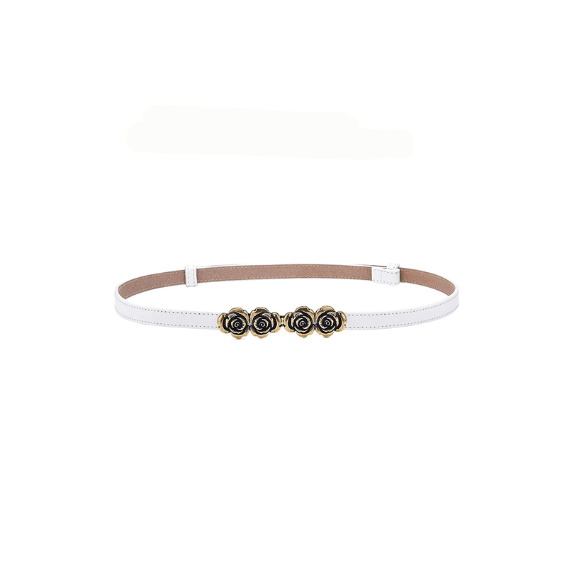 Fashion, accesorii si bijuterii - Femei - Accesorii femei - Curele femei - Set 2 Curele Subtiri Dama din Piele Ecologica, cu Catarama Decorativa Florala Aurie, Alb si Negru, 100 cm - Infinity.ro
