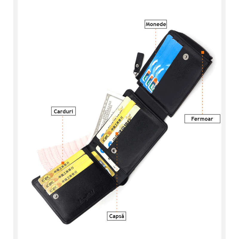 Fashion, accesorii si bijuterii - Barbati - Accesorii barbati - Portofele barbati - Portofel pentru Barbati din Piele Ecologica de Calitate Superioara, 12 locuri de card si buzunar de monezi, Negru - Infinity.ro