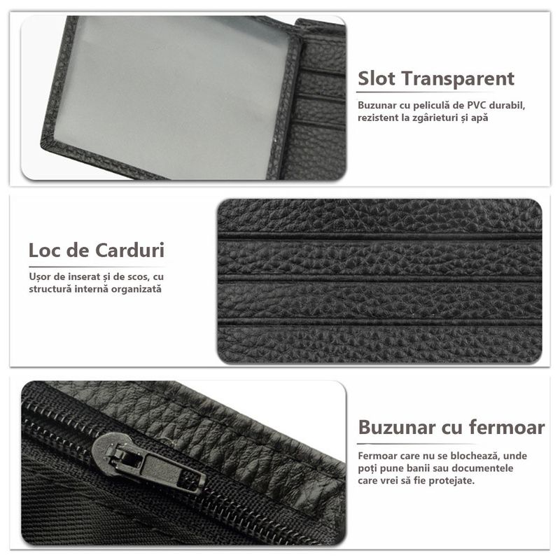 Fashion, accesorii si bijuterii - Barbati - Accesorii barbati - Portofele barbati - Portofel cu Loc de Buletin Romanesc, cu Buzunar pentru Permis, Negru - Infinity.ro