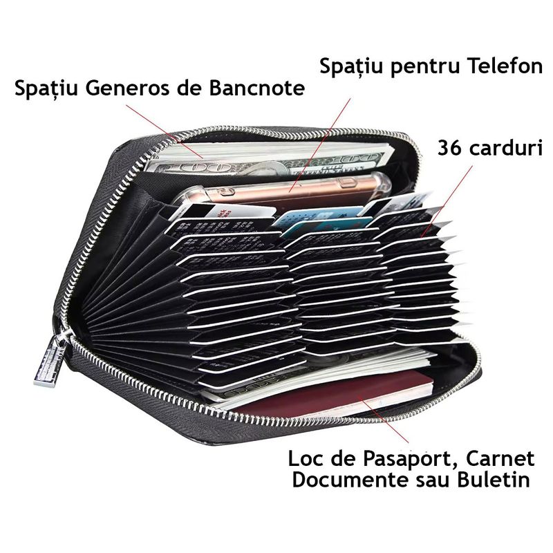 Fashion, accesorii si bijuterii - Femei - Accesorii femei - Portofele femei - Portofel de Dama Foarte Incapator cu spatiu pentru 36 carduri, peste 100 bancnote, Piele Ecologica, Negru - Infinity.ro