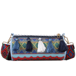 Fashion, accesorii si bijuterii - Femei - Accesorii femei - Genti si rucsacuri femei - Geanta de Umar Dama, Model Etnic Colorat, cu Ciucuri Decorativi si Bretea Reglabila Lata, Albastra, 21.5x10x10 cm - Infinity.ro