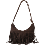 Fashion, accesorii si bijuterii - Femei - Accesorii femei - Genti si rucsacuri femei - Geanta Dama de Umar cu Franjuri, Stil Boho Chic, Material Tip Piele Ecologica Intoarsa, Maro, 34.5x33.5x20 cm - Infinity.ro