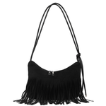 Fashion, accesorii si bijuterii - Femei - Accesorii femei - Genti si rucsacuri femei - Geanta Dama de Umar cu Franjuri, Stil Boho Chic, Material Tip Piele Ecologica Intoarsa, Neagra, 34.5x33.5x20 cm - Infinity.ro