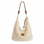 Fashion, accesorii si bijuterii - Femei - Accesorii femei - Genti si rucsacuri femei - Geanta Dama de Umar, din Material Textil Crosetat, Model Casual Boho Chic, Crem - Infinity.ro
