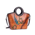 Fashion, accesorii si bijuterii - Femei - Accesorii femei - Genti si rucsacuri femei - Geanta de Dama din Piele Naturala Premium, cu Colibri si Flori, Maro, 25x24x12 cm - Infinity.ro