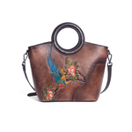Fashion, accesorii si bijuterii - Femei - Accesorii femei - Genti si rucsacuri femei - Geanta de Dama din Piele Naturala Premium, cu Colibri si Flori, Maro Inchis, 25x24x12 cm - Infinity.ro