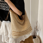 Fashion, accesorii si bijuterii - Femei - Accesorii femei - Genti si rucsacuri femei - Geanta Dama de Umar, din Material Textil Crosetat, Model Casual Boho Chic, Bej - Infinity.ro