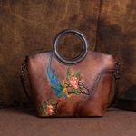 Fashion, accesorii si bijuterii - Femei - Accesorii femei - Genti si rucsacuri femei - Geanta de Dama din Piele Naturala Premium, cu Colibri si Flori, Maro Inchis, 25x24x12 cm - Infinity.ro