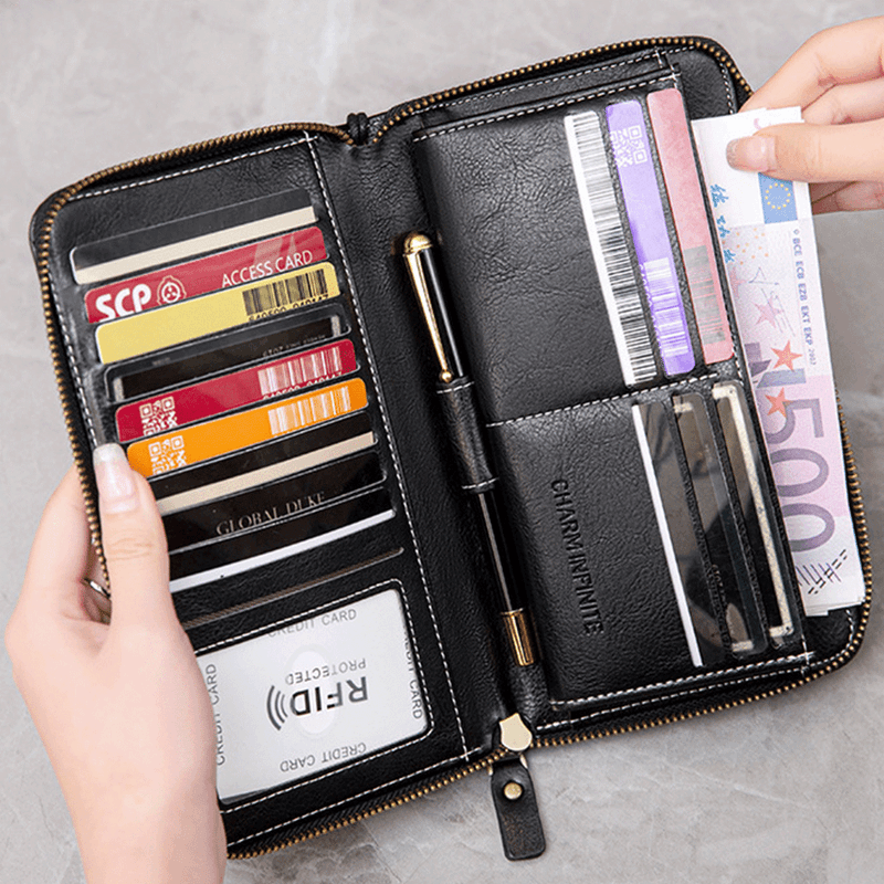 Fashion, accesorii si bijuterii - Femei - Accesorii femei - Portofele femei - Portofel Dama din Piele Ecologica, cu Protectie RFID, Inchidere cu Fermoar, Negru, 21x12x2.5 cm - Infinity.ro