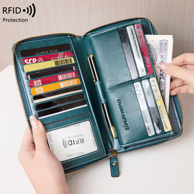 Fashion, accesorii si bijuterii - Femei - Accesorii femei - Portofele femei - Portofel Dama din Piele Ecologica, cu Protectie RFID, Inchidere cu Fermoar, Turcoaz, 21x12x2.5 cm - Infinity.ro