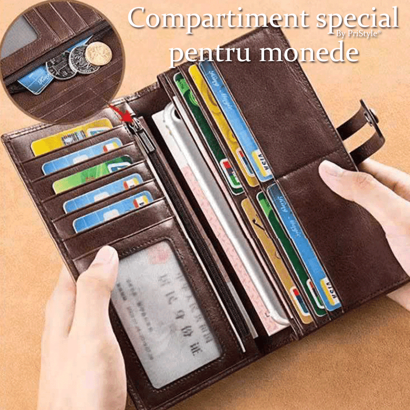 Fashion, accesorii si bijuterii - Femei - Accesorii femei - Portofele femei - Portofel Dama din Piele Ecologica Premium, Inchidere cu Capsa si Curea, Design Subtire Slim, Maro, 18.5x9.5x2.5 cm - Infinity.ro