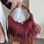 Fashion, accesorii si bijuterii - Femei - Accesorii femei - Genti si rucsacuri femei - Geanta Dama de Umar cu Franjuri, Stil Boho Chic, Material Tip Piele Ecologica Intoarsa, 34.5x33.5x20 cm - Infinity.ro