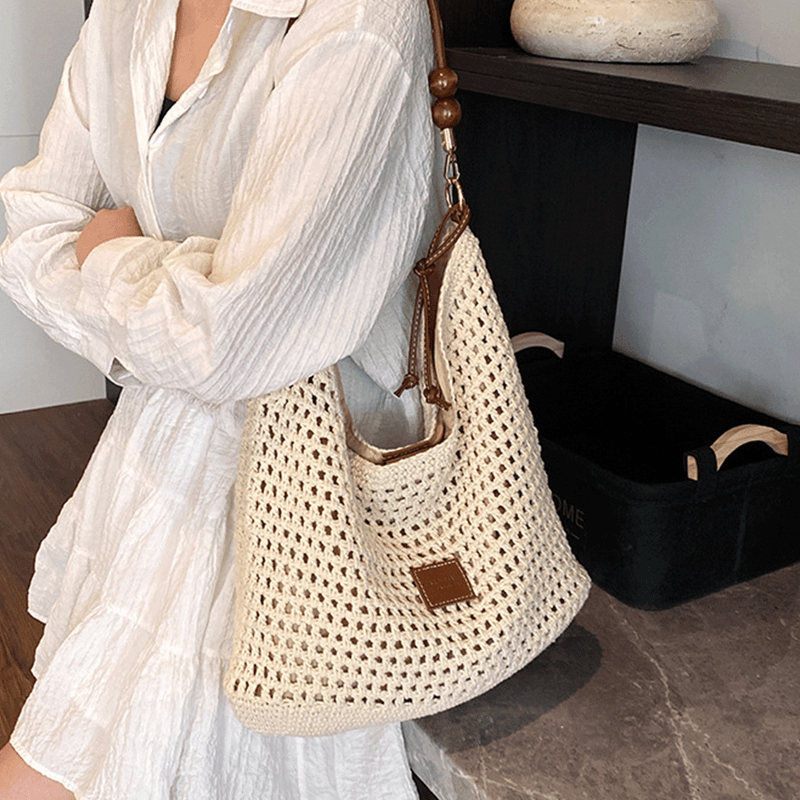 Fashion, accesorii si bijuterii - Femei - Accesorii femei - Genti si rucsacuri femei - Geanta Dama de Umar, din Material Textil Crosetat, Model Casual Boho Chic, Crem - Infinity.ro