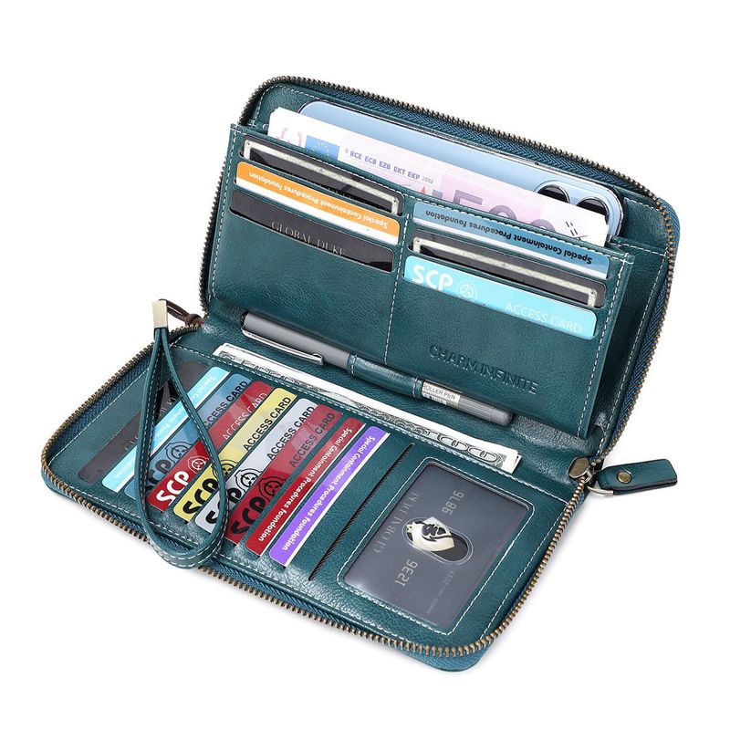 Fashion, accesorii si bijuterii - Femei - Accesorii femei - Portofele femei - Portofel Dama din Piele Ecologica, cu Protectie RFID, Inchidere cu Fermoar, Turcoaz, 21x12x2.5 cm - Infinity.ro