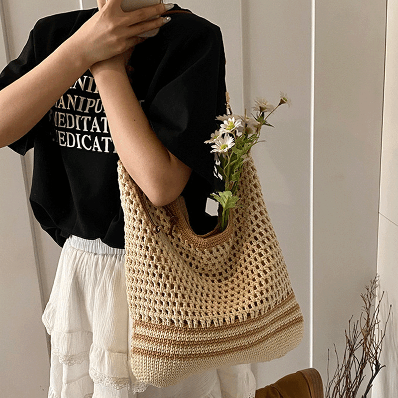Fashion, accesorii si bijuterii - Femei - Accesorii femei - Genti si rucsacuri femei - Geanta Dama de Umar, din Material Textil Crosetat, Model Casual Boho Chic, Bej - Infinity.ro