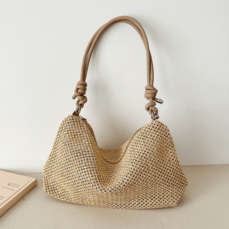Fashion, accesorii si bijuterii - Femei - Accesorii femei - Genti si rucsacuri femei - Geanta Dama de Umar, din Material Sintetic Impletit, cu Bretea Reglabila din Piele Ecologica, Crem, 28.5x19x8.5 cm - Infinity.ro