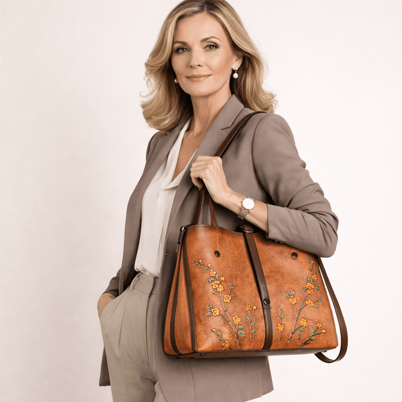 Fashion, accesorii si bijuterii - Femei - Accesorii femei - Genti si rucsacuri femei - Geanta Premium de Piele Naturala pentru Dama, Model cu Flori Delicate, Maro, 31x23x13.5 cm - Infinity.ro