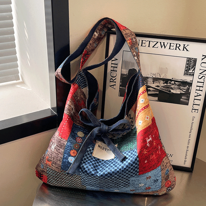 Fashion, accesorii si bijuterii - Femei - Accesorii femei - Genti si rucsacuri femei - Geanta Reversibila din Material Textil, Stil Retro, Multicolor, 36x42x1 cm - Infinity.ro