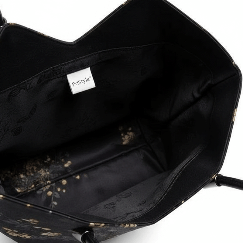 Fashion, accesorii si bijuterii - Femei - Accesorii femei - Genti si rucsacuri femei - Geanta Dama din Satin, Model Trapez, Imprimeu Floral, Neagra - Infinity.ro